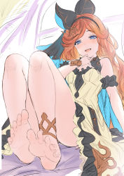 Rule 34 | aldehyde, ankle cuffs, bed sheet, black bow, blue eyes, bow, dress, feet, foot focus, foreshortening, granblue fantasy, hair bow, hair ornament, highres, red hair, sara (granblue fantasy), scrunchie, sketch, solo, spread toes, thighs, toes