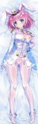 Rule 34 | 1girl, absurdres, animal ears, bed sheet, belt, blue eyes, blush, breasts, breasts out, carnelian, cleavage, cleavage cutout, clothes pull, clothing cutout, dakimakura (medium), full body, garter straps, gloves, gluteal fold, hat, high heels, highleg, highleg panties, highres, huge filesize, lace, lace gloves, lace panties, large breasts, long sleeves, looking at viewer, lying, nipples, on back, one breast out, original, panties, pink hair, rabbit ears, shirt pull, short hair, smile, solo, tassel, thighhighs, underwear, white gloves, white panties, white thighhighs