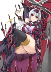 Rule 34 | 1girl, arm behind head, arm up, armor, bare shoulders, black gloves, black thighhighs, blush, breasts, chair, character request, crossed legs, dagger, elbow gloves, entangled, fantasy, faulds, forehead protector, from below, gloves, glowing, greaves, hair ribbon, halterneck, head rest, head tilt, hime kishi seifuku sensou, holding, knife, lace, large breasts, leotard, light particles, light smile, long hair, multiple swords, nakano sora, neon trim, official art, original, planted, planted sword, planted weapon, red eyes, ribbon, ruana (hime kishi), sidelocks, silver hair, sitting, skindentation, smile, solo, strap, sword, thick thighs, thighhighs, thighs, throne, torn clothes, turtleneck, vambraces, weapon, whip, white background
