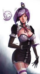 Rule 34 | 1girl, adapted costume, black gloves, blackberry cookie, breasts, brooch, candle, cleavage, cookie run, detached collar, detached sleeves, facial hair, garter belt, ghost, ghost butler, gloves, hairband, highres, jewelry, mustache, puffy short sleeves, puffy sleeves, purple eyes, purple hair, ribbon, short hair, short sleeves, snooop, solo, striped clothes, striped thighhighs, thighhighs
