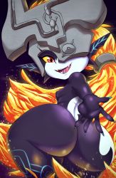 Rule 34 | 1girl, absurdres, ass, ass focus, blonde hair, breasts, colored sclera, colored skin, fangs, helmet, highres, huge ass, long hair, looking at viewer, looking back, midna, multicolored skin, nintendo, nude, open mouth, outstretched arm, pointy ears, red eyes, shortstack, small breasts, smile, solo, the legend of zelda, the legend of zelda: twilight princess, thecon, thick thighs, thighs, two-tone skin, wide hips, yellow sclera