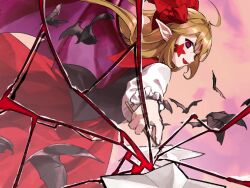 Rule 34 | 1girl, :d, ahoge, bat wings, black vest, blonde hair, bow, broken mirror, elis (touhou), facial mark, fangs, frilled sleeves, frills, hair bow, highres, kaigen 1025, long hair, long sleeves, mirror, open mouth, pointy ears, pov, purple eyes, red bow, red skirt, reflection, shirt, skirt, smile, solo, star (symbol), touhou, touhou (pc-98), very long hair, vest, wand, white shirt, wings