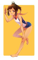 Rule 34 | 1girl, :d, barefoot, blue one-piece swimsuit, brown hair, full body, hand on own knee, highres, i-401 (kancolle), kantai collection, leg up, looking at viewer, minowa sukyaru, one-piece swimsuit, open mouth, orange eyes, ponytail, school swimsuit, shiny skin, shirt, sleeveless, sleeveless shirt, smile, solo, standing, standing on one leg, swimsuit, tan, white shirt