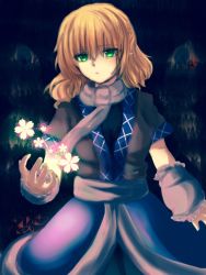 Rule 34 | 1girl, arm warmers, blonde hair, closed mouth, commentary request, cowboy shot, detached sleeves, expressionless, flower, gensou@kauchin, green eyes, hair between eyes, japanese clothes, mizuhashi parsee, pointy ears, sash, scarf, short hair, short sleeves, skirt, solo, touhou, undershirt, white scarf