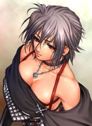 Rule 34 | 00s, 1girl, breasts, choker, cleavage, downblouse, final fantasy, final fantasy x, final fantasy x-2, from above, jewelry, necklace, paine, paine (ff10), red eyes, short hair, silver hair, solo, square enix, wet, yoko juusuke