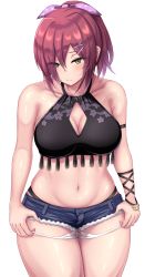 Rule 34 | 1girl, absurdres, arm strap, assault lily, bad id, bad pixiv id, bare shoulders, blue shorts, blush, breasts, chin gero, cleavage, cleavage cutout, closed mouth, clothing cutout, collarbone, cowboy shot, eyes visible through hair, green eyes, hair ornament, hairclip, hatsukano you, highres, large breasts, looking at viewer, micro shorts, navel, red hair, shorts, simple background, sleeveless, solo, thighs, white background