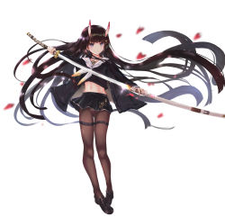 Rule 34 | 1girl, absurdres, azur lane, black cardigan, black footwear, black hair, black serafuku, black shirt, black skirt, brown pantyhose, cardigan, commentary request, full body, glint, habu rin, hair ornament, hairclip, highres, holding, holding sheath, holding sword, holding weapon, horns, katana, loafers, long hair, long sleeves, looking at viewer, midriff, navel, neckerchief, noshiro (azur lane), oni, oni horns, open cardigan, open clothes, pantyhose, petals, pleated skirt, purple eyes, sailor collar, school uniform, serafuku, sheath, shirt, shoes, simple background, skirt, sleeves past wrists, solo, standing, sword, unsheathing, very long hair, weapon, white background, white neckerchief, white sailor collar, x hair ornament