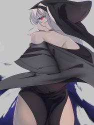 Rule 34 | 1girl, absurdres, arknights, ass, bare shoulders, black coat, black dress, black headwear, closed mouth, coat, commentary, dress, from behind, grey background, grey hair, habit, highres, jewelry, long hair, looking at viewer, looking back, nun, off shoulder, red eyes, simple background, sinoda, specter (arknights), torn clothes