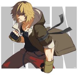Rule 34 | 1boy, black shirt, blonde hair, blue eyes, brown jacket, character name, clenched hands, facial hair, fighting stance, fingerless gloves, gloves, hair between eyes, headband, highres, hood, hood down, hooded jacket, jacket, jewelry, ken masters, looking at viewer, male focus, medium hair, mie onion, muscular, muscular male, necklace, pants, parted lips, red pants, shirt, sleeves rolled up, street fighter, street fighter 6, thick eyebrows, track pants, v-shaped eyebrows
