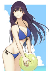 Rule 34 | 1girl, aemu (august life), ball, bare arms, bare shoulders, beachball, bikini, black ribbon, blue bikini, blue sky, blush, breasts, brown eyes, cleavage, closed mouth, cloud, collarbone, commentary, commentary request, cowboy shot, day, english commentary, front-tie bikini top, front-tie top, holding, holding ball, large breasts, leaning forward, long hair, looking at viewer, mole, mole under eye, original, outside border, partial commentary, purple hair, ribbon, side-tie bikini bottom, skindentation, sky, solo, swimsuit, very long hair