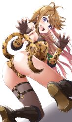 Rule 34 | 1girl, :d, ahoge, animal ears, animal print, ass, bare shoulders, blush, boots, breasts, brown hair, claw pose, fangs, fingerless gloves, gloves, highres, idolmaster, idolmaster million live!, knee boots, leopard ears, leopard print, leopard tail, leotard, long hair, looking at viewer, looking back, medium breasts, open mouth, purple eyes, run p (aveton), shoes, simple background, single thighhigh, smile, solo, tail, thighhighs, thighs, tokoro megumi, tongue, white background