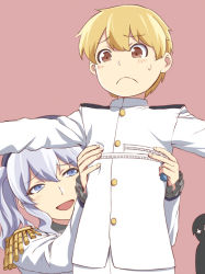 Rule 34 | + +, 1boy, 2girls, :d, admiral (kancolle), blonde hair, blue eyes, blush, closed mouth, epaulettes, grey hair, hair between eyes, hat, hetero, ishii hisao, jacket, kaga (kancolle), kantai collection, kashima (kancolle), little boy admiral (kancolle), long sleeves, looking down, measuring, military, military uniform, multiple girls, naval uniform, open mouth, outstretched arms, purple background, simple background, smile, spread arms, sweatdrop, tape measure, uniform, white jacket