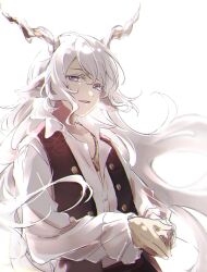 Rule 34 | 1boy, animal ears, arknights, black vest, colored eyelashes, goat boy, goat ears, goat horns, highres, horns, jewelry, kreide (arknights), long hair, long sleeves, looking at viewer, male focus, open clothes, open collar, open vest, own hands together, parted lips, pendant, purple eyes, ramel, shirt, simple background, smile, solo, swept bangs, upper body, vest, white background, white hair, white shirt, wing collar