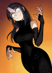 Rule 34 | 1girl, awkward, bare shoulders, black dress, black hair, character request, colored tips, copyright request, detached sleeves, dress, elbow gloves, fingerless gloves, gloves, highres, long hair, looking at viewer, multicolored hair, noss (rariatto), sleeveless, smile, solo, suzushiro (suzushiro333), white hair