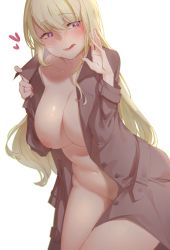 Rule 34 | 1girl, :q, blonde hair, blush, breasts, brown coat, closed mouth, coat, collarbone, eyelashes, fingernails, groin, hair between eyes, heart, heart-shaped pupils, highres, jewelry, large breasts, leaning forward, licking lips, long hair, looking to the side, mole, mole under eye, naked coat, naughty face, navel, nipples, open clothes, open coat, original, ornate ring, pink lips, purple eyes, ring, saliva, saliva trail, simple background, smile, solo, stomach, symbol-shaped pupils, tongue, tongue out, wedding ring, white background, xiao jian