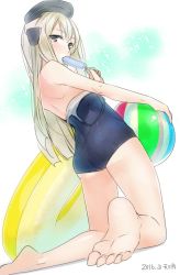 Rule 34 | 10s, 1girl, 2016, ama mitsuki, ass, ball, bare legs, bare shoulders, barefoot, beachball, blonde hair, clothes pull, dated, feet, food, foreshortening, hat, holding, holding food, innertube, kantai collection, kneeling, long hair, looking at viewer, looking back, off shoulder, one-piece swimsuit, one-piece swimsuit pull, popsicle, school swimsuit, soles, solo, swim ring, swimsuit, u-511 (kancolle)