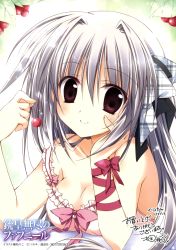 Rule 34 | 1girl, absurdres, bare shoulders, bow, breasts, camisole, cherry, cleavage, company name, copyright name, food, frills, fruit, grey hair, hair between eyes, hair bow, hair intakes, hand on own cheek, hand on own face, head rest, highres, holding, iris freyja, juuoumujin no fafnir, korie riko, leaf, light smile, logo, long hair, looking at viewer, official art, plaid, purple eyes, ribbon, scan, signature, smile, strap slip, twintails, upper body, very long hair, wrist ribbon