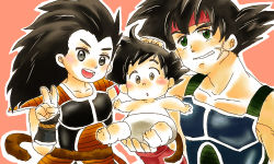 Rule 34 | age difference, baby, bardock, black eyes, black hair, brown eyes, dragon ball, family, father and son, green eyes, male focus, raditz, scar, son goku