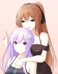 Rule 34 | 2girls, :d, bad id, bad pixiv id, bare shoulders, black dress, black ribbon, blush, breasts, brown background, brown hair, choujigen game neptune, closed mouth, collarbone, commentary request, crossover, d-pad, d-pad hair ornament, dress, fingernails, girls&#039; frontline, green eyes, hair between eyes, hair ornament, hair ribbon, hand up, high ponytail, highres, index finger raised, keenh, long hair, medium breasts, multiple girls, nepgear, neptune (series), off-shoulder dress, off shoulder, open mouth, ponytail, purple eyes, purple hair, ribbon, signature, simple background, sleeveless, sleeveless dress, smile, springfield (girls&#039; frontline), upper body, very long hair