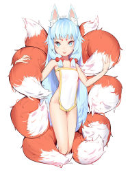 Rule 34 | 1girl, :p, absurdres, animal ear fluff, animal ears, blue eyes, blue hair, bottomless, fox ears, fox girl, fox tail, hair bobbles, hair ornament, highres, hikimayu, kmwh, long hair, looking at viewer, multiple tails, naked tabard, no panties, original, petite, sidelocks, signature, simple background, solo, tabard, tail, tongue, tongue out, very long hair, white background