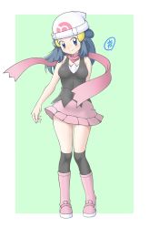 Rule 34 | 1girl, absurdres, arm behind back, beanie, black tank top, blue eyes, blue hair, blush, boots, closed mouth, collarbone, commentary request, creatures (company), dawn (pokemon), eyelashes, full body, game freak, hair ornament, hat, highres, long hair, nintendo, over-kneehighs, pink footwear, pink scarf, pink skirt, pokemon, pokemon (anime), pokemon dppt (anime), scarf, skirt, smile, socks, solo, tank top, tax2rin, thighhighs, two-tone background, white hat