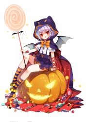 Rule 34 | 1girl, alternate costume, animal hood, arm ribbon, bad id, bad pixiv id, bat wings, blue hair, blush, bow, brooch, candy, cat hood, cloak, cookie, fang, food, full body, halloween, halloween costume, highres, hood, jack-o&#039;-lantern, jewelry, jiji (381134808), lollipop, looking at viewer, mary janes, open mouth, red eyes, remilia scarlet, ribbon, shoes, short hair, simple background, sitting, smile, socks, solo, striped clothes, striped legwear, striped socks, touhou, white background, wings, wrist cuffs