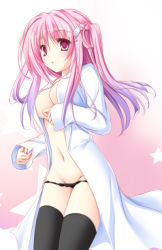 Rule 34 | 1girl, 77, black panties, black thighhighs, blush, breasts, cleavage, collarbone, hair ornament, jacket, large breasts, long hair, long sleeves, looking at viewer, navel, open clothes, open jacket, open mouth, panties, pink background, pink eyes, pink hair, standing, star (symbol), starry background, thighhighs, twintails, underwear, white jacket, wing hair ornament