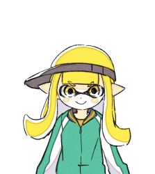 Rule 34 | 1girl, animated, animated gif, bad id, bad twitter id, blonde hair, blush, comamawa, green jacket, grey hat, grey pants, hat, inkling, inkling girl, inkling player character, jacket, jumping, long hair, long sleeves, looking at viewer, nintendo, pants, pointy ears, simple background, smile, solo, splatoon (series), splatoon 2, upper body, visor cap, white background, yellow eyes