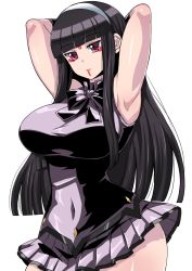 Rule 34 | 1girl, animal ears, arm behind head, armpits, arms behind head, arms up, beatmania, beatmania iidx, black hair, blunt bangs, blush, breasts, covered erect nipples, covered navel, curvy, dress, elbow gloves, facial mark, female focus, forehead mark, gloves, hair ornament, headphones, hinazuki ririna, impossible clothes, impossible shirt, komusou (jinrikisha), large breasts, long hair, looking at viewer, miniskirt, no bra, perky breasts, pleated dress, purple eyes, rabbit ears, shiny skin, shirt, simple background, skirt, solo, standing, tattoo, taut clothes, taut dress, upper body, white background, wide hips