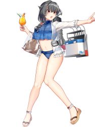 Rule 34 | 1girl, akasaka yuzu, bag, bikini, black hair, blue bikini, braid, breasts, cooler, cup, drink, frilled bikini, frilled bikini, frills, full body, hair flaps, hair intakes, hair ornament, hair over shoulder, hairclip, holding, holding cup, jingei (kancolle), kantai collection, large breasts, long hair, low ponytail, machinery, navel, official art, open mouth, pointing, red eyes, sandals, shoulder bag, single braid, solo, standing, swimsuit, transparent background, transparent bag, turtleneck