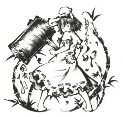 Rule 34 | 1girl, animal ears, bamboo, barefoot, calligraphy brush (medium), dress, female focus, full body, greyscale, hammer, huge weapon, inaba tewi, link163353, looking back, monochrome, rabbit ears, rabbit girl, rabbit tail, short hair, solo, tail, touhou, traditional media, weapon
