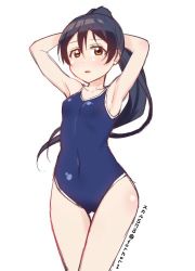 Rule 34 | 1girl, alternate hairstyle, armpits, arms behind head, arms up, blue hair, blue one-piece swimsuit, blush, competition school swimsuit, cowboy shot, hair between eyes, long hair, looking at viewer, love live!, love live! school idol project, lowres, navel, one-piece swimsuit, open mouth, ponytail, school swimsuit, skull573, solo, sonoda umi, swimsuit, yellow eyes
