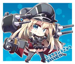 Rule 34 | 1girl, absurdres, akaneya, bismarck (kancolle), black hat, blonde hair, blue background, blue eyes, breasts, brown gloves, chibi, elbow gloves, full body, gloves, hair between eyes, hat, highres, holding, kantai collection, large breasts, long hair, looking at viewer, military, military hat, military uniform, peaked cap, rigging, second-party source, smile, solo, thighhighs, turret, twitter username, uniform, very long hair