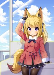 Rule 34 | 1girl, absurdres, animal ears, black pantyhose, blonde hair, chaakusu, cityscape, coat, commentary request, copyright request, fingerless gloves, fox ears, fox tail, gloves, hair ribbon, highres, long hair, miniskirt, pantyhose, parted lips, purple eyes, ribbon, skirt, tail