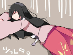 Rule 34 | 1girl, = =, black hair, commentary request, hammer (sunset beach), houraisan kaguya, long hair, lying, on stomach, open mouth, skirt, solo, touhou, translation request, wide sleeves
