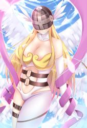 Rule 34 | 10s, 1girl, angel wings, angewomon, armor, asymmetrical clothes, bare shoulders, belt, blonde hair, blue sky, blush, breastplate, breasts, cleavage, cloud, collarbone, covered eyes, day, digimon, digimon (creature), digimon adventure, digimon adventure tri., elbow gloves, feathered wings, feathers, gloves, head wings, helmet, highres, large breasts, long hair, looking at viewer, multiple wings, navel, otono fei, ribbon, single elbow glove, single glove, sky, smile, solo, sparkle, thigh strap, white gloves, white wings, wings