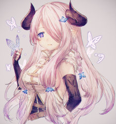 Rule 34 | 1girl, bare shoulders, black gloves, blue eyes, blush, braid, breasts, bug, butterfly, commentary request, draph, elbow gloves, fingerless gloves, gloves, granblue fantasy, hair over one eye, horns, bug, large breasts, light purple hair, long hair, looking at viewer, low tied hair, narmaya (granblue fantasy), pointy ears, purple hair, shionty, single braid, upper body
