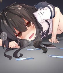 Rule 34 | 1girl, black hair, blue ribbon, blue sailor collar, blue skirt, blush, cellphone, commentary request, crying, crying with eyes open, gift card, hair between eyes, hatsuyuki (kancolle), hibiki (zerocodo), highres, kantai collection, long hair, looking at viewer, neck ribbon, on floor, open mouth, phone, pleated skirt, ribbon, sailor collar, school uniform, serafuku, skirt, smartphone, solo, tears, translation request