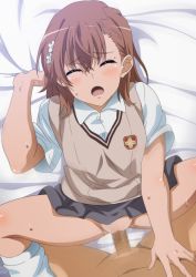 Rule 34 | 1boy, 1girl, beige vest, blush, breasts, brown hair, censored, closed eyes, clothed female nude male, clothed sex, collared shirt, flower, hair between eyes, hair flower, hair ornament, hara (harayutaka), hetero, highres, lying, medium breasts, misaka mikoto, missionary, mosaic censoring, no panties, nude, on back, on bed, open mouth, penis, pussy, sex, shirt, short hair, short sleeves, skirt, solo focus, spread legs, sweater vest, toaru kagaku no railgun, toaru majutsu no index, v-neck, vaginal, white shirt