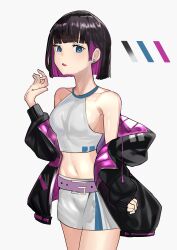 Rule 34 | 1girl, absurdres, bare shoulders, black hair, black jacket, blue eyes, blunt bangs, bob cut, colored inner hair, commentary request, cowboy shot, crop top, earrings, grey background, grey shirt, grey skirt, hand up, highres, jacket, jewelry, long sleeves, midriff, miniskirt, multicolored hair, navel, off shoulder, open clothes, open jacket, open mouth, original, purple hair, shirt, short hair, simple background, skirt, sleeveless, sleeveless shirt, solo, solokitsune, standing, stomach, thighs