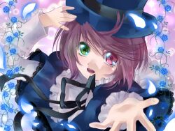 Rule 34 | 1girl, black ribbon, blue capelet, blue flower, blue hat, blue rose, blush, brown hair, capelet, flower, gongitsune (gongitune2), green eyes, hand on headwear, hat, heterochromia, looking at viewer, medium bangs, neck ribbon, open mouth, petals, pink background, plant, reaching, reaching towards viewer, red eyes, ribbon, rose, rozen maiden, short hair, smile, solo, souseiseki, top hat, upper body, vines