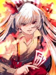 Rule 34 | 1girl, between fingers, bow, brown shirt, collared shirt, fire, fujiwara no mokou, hair bow, highres, holding, long hair, long sleeves, mokoiscat, ofuda, ofuda between fingers, open mouth, pants, red eyes, red pants, shirt, solo, suspenders, touhou, white bow, white hair