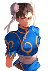 Rule 34 | 1girl, breasts, brown eyes, brown hair, bun cover, capcom, chinese clothes, chun-li, closed mouth, commentary, double bun, dress, english commentary, hair bun, highres, jewelry, looking at viewer, nasubin (nasubisamurai15), puffy short sleeves, puffy sleeves, sash, short sleeves, smile, solo, street fighter, street fighter ii (series), white background