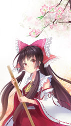 Rule 34 | 1girl, ascot, bai banca, black hair, bow, branch, broom, cherry blossoms, detached sleeves, frilled bow, frills, gradient background, hair bow, hair tubes, hakurei reimu, head tilt, highres, light smile, long hair, looking at viewer, ponytail, red eyes, ribbon-trimmed sleeves, ribbon trim, sarashi, sidelocks, simple background, skirt, skirt set, solo, touhou, very long hair