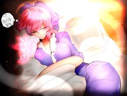 Rule 34 | 1girl, bad id, bad pixiv id, blush, breasts, bug, butterfly, closed mouth, futon, hat, highres, insect, japanese clothes, kimono, large breasts, mizuga, mob cap, obi, on bed, pink eyes, pink hair, saigyouji yuyuko, sash, sleeves rolled up, solo, thought bubble, touhou, translation request, triangular headpiece