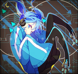 Rule 34 | 1girl, black pantyhose, blue eyes, blue hair, ene (kagerou project), from side, headphones, kagerou project, long hair, lucarios, matching hair/eyes, miniskirt, pantyhose, skirt, solo, twintails