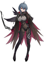 Rule 34 | 1girl, absurdres, ahoge, black footwear, black gloves, bodysuit, boots, bow (weapon), breasts, brown bodysuit, brown cloak, cloak, commentary request, covered navel, full body, gloves, grey hair, hair between eyes, hand on own hip, highres, holding, holding bow (weapon), holding weapon, honkai (series), honkai impact 3rd, large breasts, looking at viewer, mole, mole under mouth, parted lips, raven (honkai impact), red eyes, simple background, smile, solo, standing, weapon, white background, yukari (user tsrs4747)