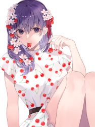 Rule 34 | 1girl, bad id, bad twitter id, belt, black belt, breasts, cherry, cherry blossoms, cherry print, commentary, commentary request, fate/stay night, fate (series), flower, food, food print, fruit, hair flower, hair ornament, hair ribbon, hand up, highres, holding, knees up, large breasts, long hair, looking at viewer, matou sakura, mouth hold, nail polish, pale skin, pink nails, purple eyes, purple hair, red ribbon, ribbon, shimatori (sanyyyy), simple background, sitting, solo, symbol-only commentary, teeth, white background
