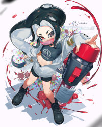 Rule 34 | 1girl, arm up, ballpoint splatling (splatoon), black footwear, black hair, black shirt, black shorts, boots, breasts, chinese commentary, closed mouth, commentary request, crop top, fingerless gloves, full body, gloves, grey eyes, heterochromia, highres, holding, holding weapon, jacket, jinkobanana, legs apart, long hair, mask, midriff, mouth mask, navel, nintendo, octoling, octoling girl, octoling player character, outstretched arms, paint splatter, parted bangs, partially unzipped, ponytail, print shirt, red eyes, red mask, see-through mask, serious, shirt, shorts, solo, splatoon (series), standing, suction cups, tentacle hair, twitter username, v-shaped eyebrows, very long hair, watermark, weapon, white background, white gloves, white jacket