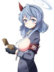 Rule 34 | 1girl, ako (blue archive), armband, bell, belt collar, black gloves, blue archive, blue eyes, blue hair, blush, box, breasts, buttons, chain, collar, commentary request, from side, gloves, hair between eyes, hairband, halo, highres, holding, holding box, large breasts, long hair, long sleeves, looking at viewer, music box, neck bell, parted lips, red armband, school uniform, sideboob, sidelocks, simple background, solo, white background, yukimi unagi